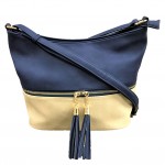 AM3016C-NAVY/BEIGE BUCKET VEGAN LEATHER CROSSBODY BAG